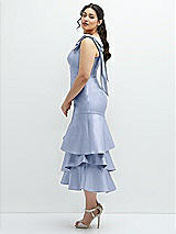 Side View Thumbnail - Sky Blue Bow-Shoulder Satin Midi Dress with Asymmetrical Tiered Skirt