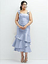 Rear View Thumbnail - Sky Blue Bow-Shoulder Satin Midi Dress with Asymmetrical Tiered Skirt