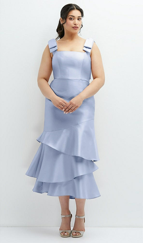 Back View - Sky Blue Bow-Shoulder Satin Midi Dress with Asymmetrical Tiered Skirt