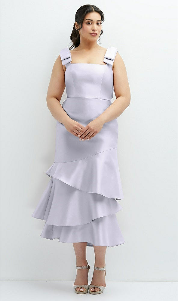 Back View - Silver Dove Bow-Shoulder Satin Midi Dress with Asymmetrical Tiered Skirt