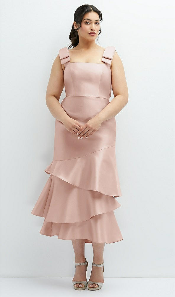 Back View - Toasted Sugar Bow-Shoulder Satin Midi Dress with Asymmetrical Tiered Skirt