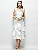 Alt View 1 Thumbnail - White Bow-Shoulder Satin Midi Dress with Asymmetrical Tiered Skirt