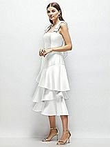 Alt View 2 Thumbnail - White Bow-Shoulder Satin Midi Dress with Asymmetrical Tiered Skirt