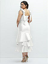 Front View Thumbnail - White Bow-Shoulder Satin Midi Dress with Asymmetrical Tiered Skirt