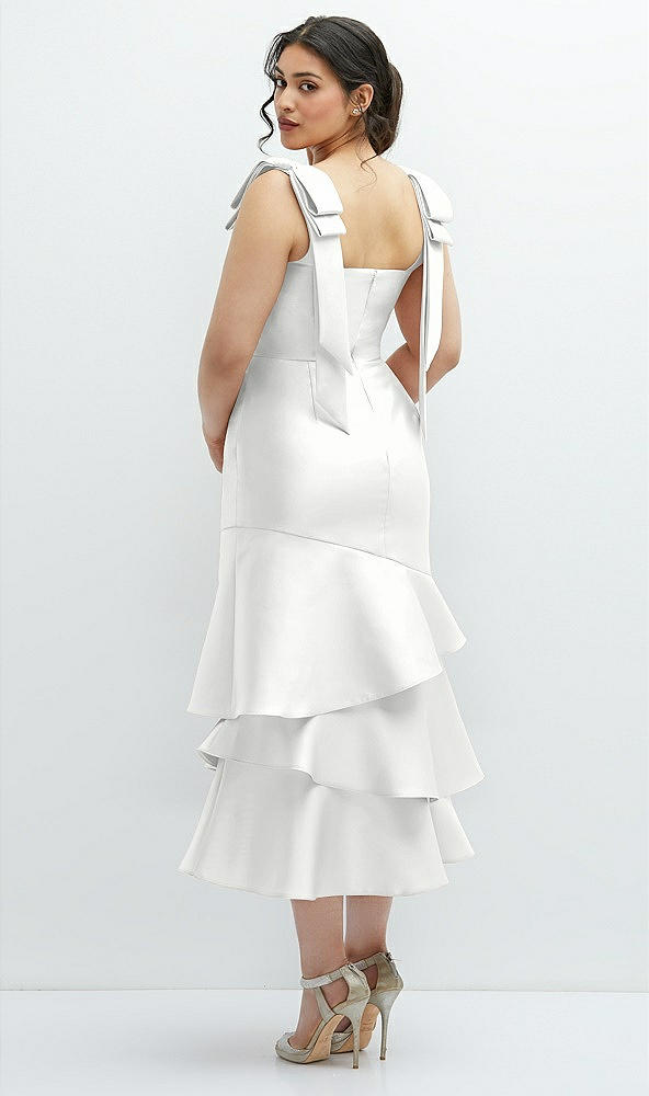 Front View - White Bow-Shoulder Satin Midi Dress with Asymmetrical Tiered Skirt
