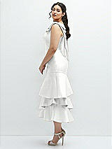 Side View Thumbnail - White Bow-Shoulder Satin Midi Dress with Asymmetrical Tiered Skirt