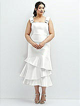 Rear View Thumbnail - White Bow-Shoulder Satin Midi Dress with Asymmetrical Tiered Skirt