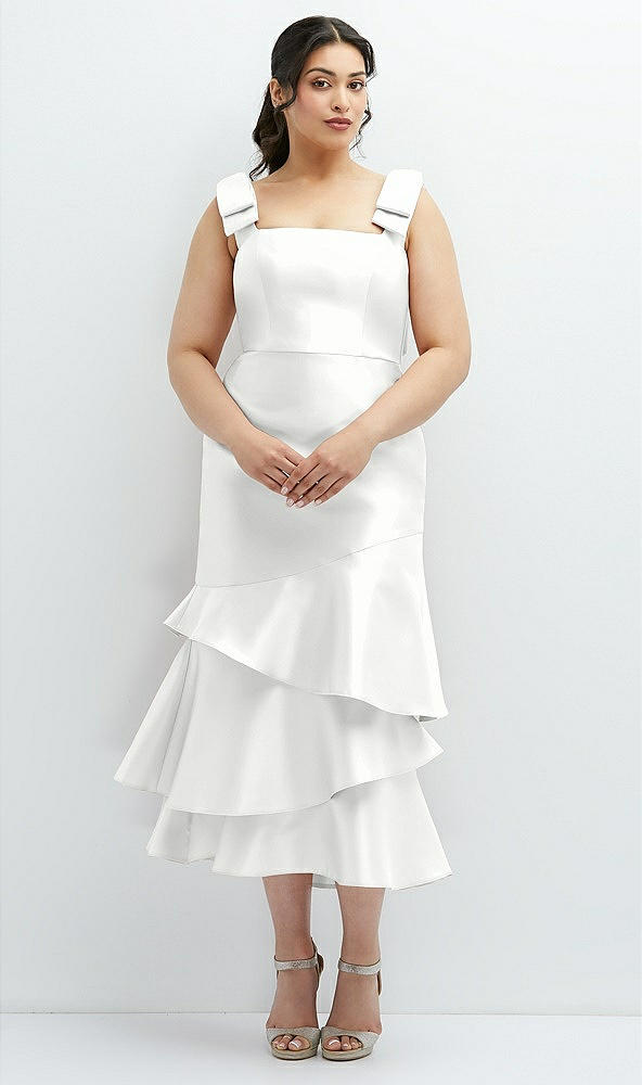 Back View - White Bow-Shoulder Satin Midi Dress with Asymmetrical Tiered Skirt