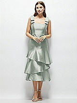 Alt View 1 Thumbnail - Willow Green Bow-Shoulder Satin Midi Dress with Asymmetrical Tiered Skirt