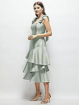 Alt View 2 Thumbnail - Willow Green Bow-Shoulder Satin Midi Dress with Asymmetrical Tiered Skirt