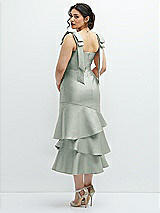 Front View Thumbnail - Willow Green Bow-Shoulder Satin Midi Dress with Asymmetrical Tiered Skirt