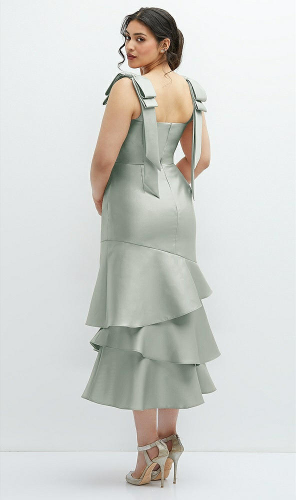 Front View - Willow Green Bow-Shoulder Satin Midi Dress with Asymmetrical Tiered Skirt