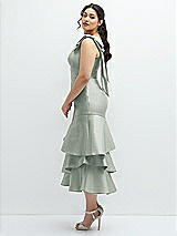 Side View Thumbnail - Willow Green Bow-Shoulder Satin Midi Dress with Asymmetrical Tiered Skirt