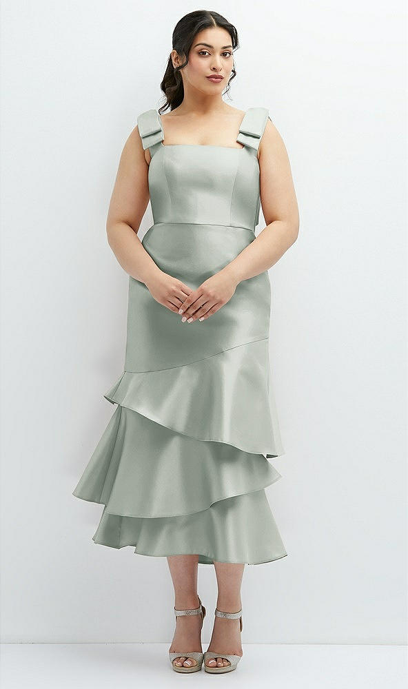Back View - Willow Green Bow-Shoulder Satin Midi Dress with Asymmetrical Tiered Skirt