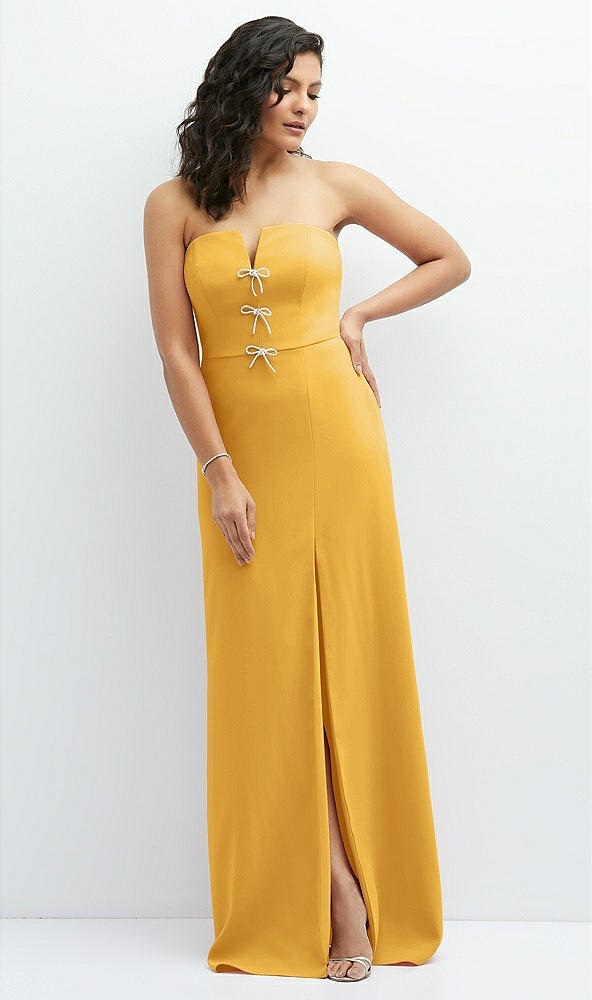 Front View - NYC Yellow Strapless Notch-Neck Crepe A-line Dress with Rhinestone Piping Bows