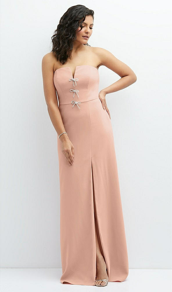 Front View - Pale Peach Strapless Notch-Neck Crepe A-line Dress with Rhinestone Piping Bows