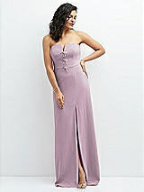 Front View Thumbnail - Suede Rose Strapless Notch-Neck Crepe A-line Dress with Rhinestone Piping Bows