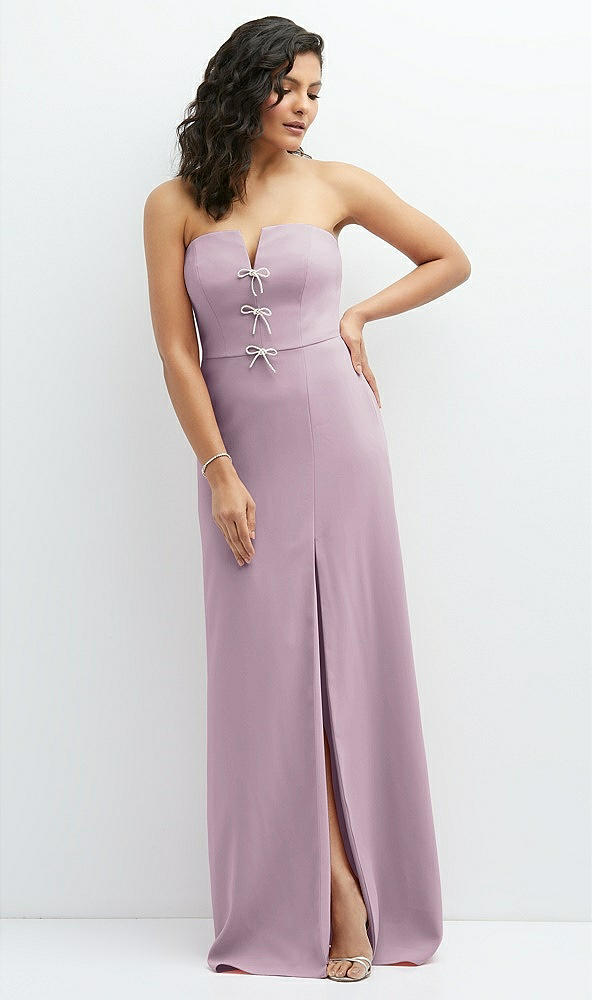 Front View - Suede Rose Strapless Notch-Neck Crepe A-line Dress with Rhinestone Piping Bows