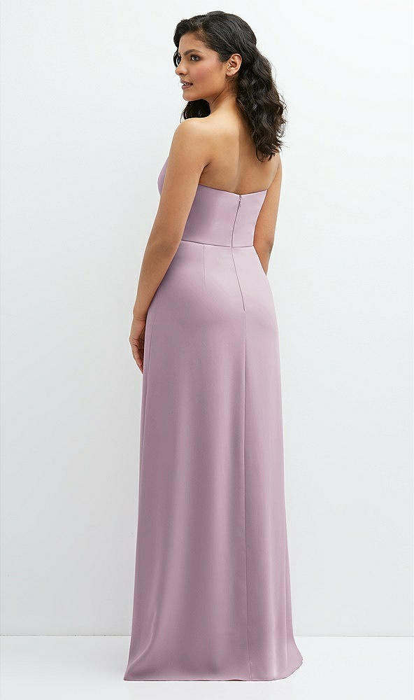 Back View - Suede Rose Strapless Notch-Neck Crepe A-line Dress with Rhinestone Piping Bows