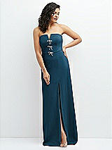 Front View Thumbnail - Atlantic Blue Strapless Notch-Neck Crepe A-line Dress with Rhinestone Piping Bows