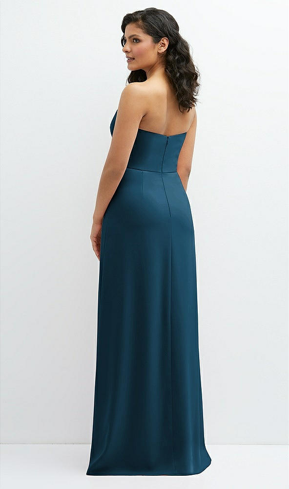 Back View - Atlantic Blue Strapless Notch-Neck Crepe A-line Dress with Rhinestone Piping Bows