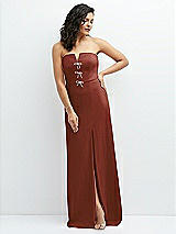 Front View Thumbnail - Auburn Moon Strapless Notch-Neck Crepe A-line Dress with Rhinestone Piping Bows