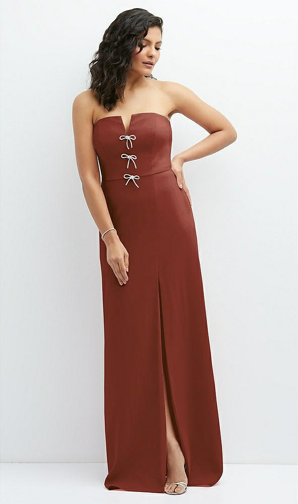 Front View - Auburn Moon Strapless Notch-Neck Crepe A-line Dress with Rhinestone Piping Bows