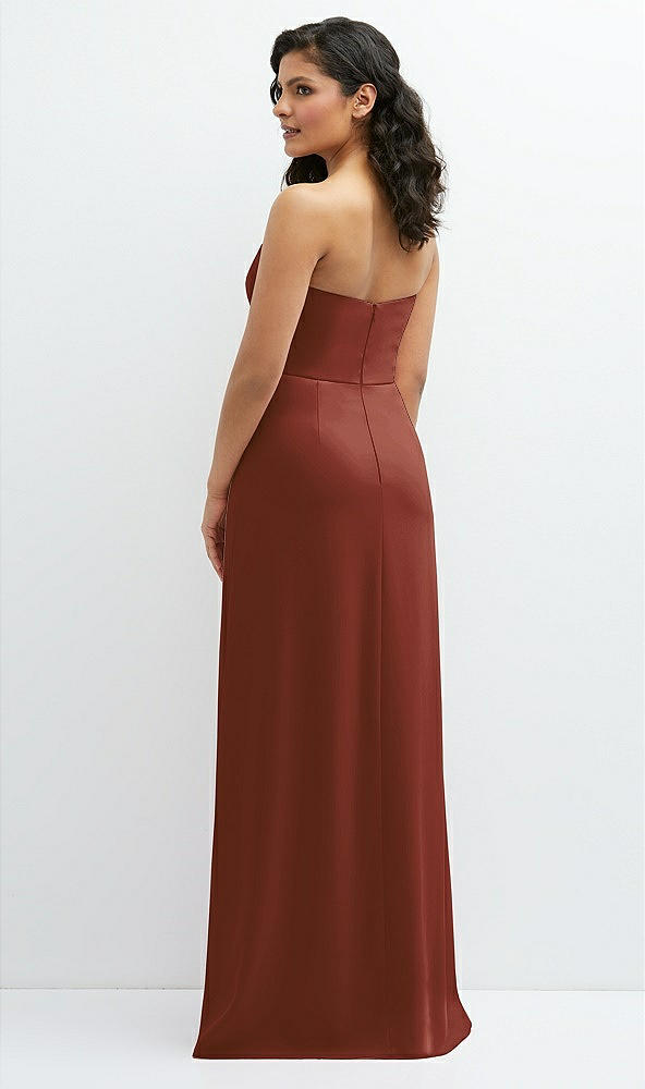 Back View - Auburn Moon Strapless Notch-Neck Crepe A-line Dress with Rhinestone Piping Bows