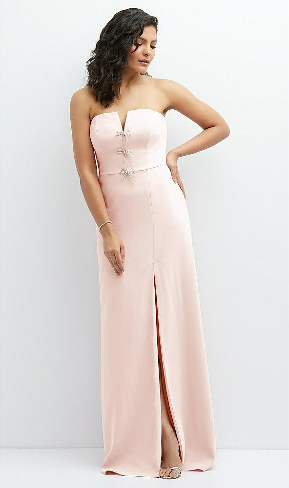 Front View - Blush Strapless Notch-Neck Crepe A-line Dress with Rhinestone Piping Bows
