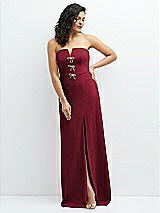 Front View Thumbnail - Burgundy Strapless Notch-Neck Crepe A-line Dress with Rhinestone Piping Bows