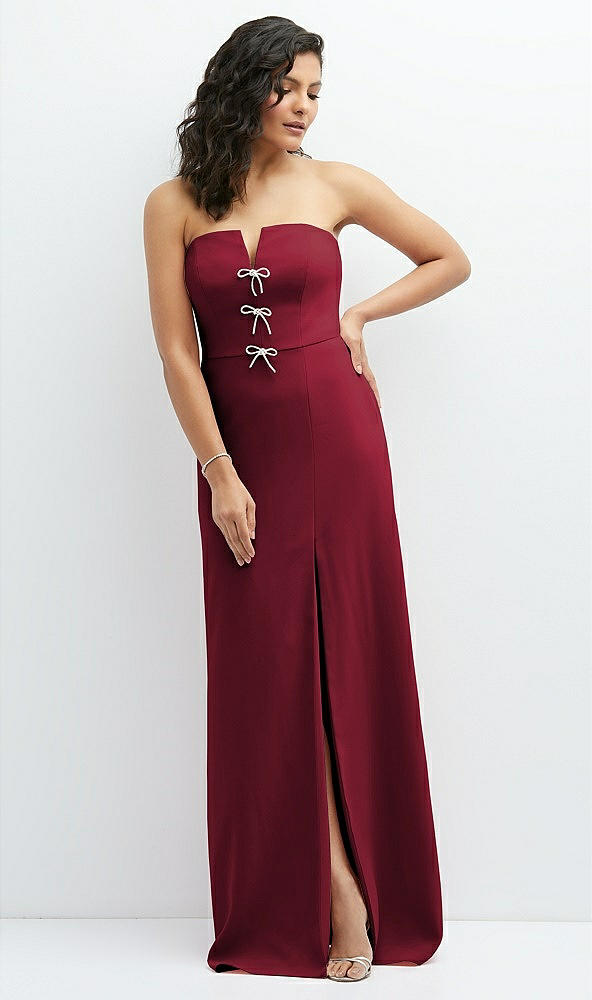 Front View - Burgundy Strapless Notch-Neck Crepe A-line Dress with Rhinestone Piping Bows