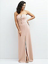 Front View Thumbnail - Cameo Strapless Notch-Neck Crepe A-line Dress with Rhinestone Piping Bows