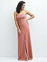 Front View Thumbnail - Desert Rose Strapless Notch-Neck Crepe A-line Dress with Rhinestone Piping Bows