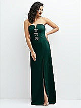 Front View Thumbnail - Evergreen Strapless Notch-Neck Crepe A-line Dress with Rhinestone Piping Bows