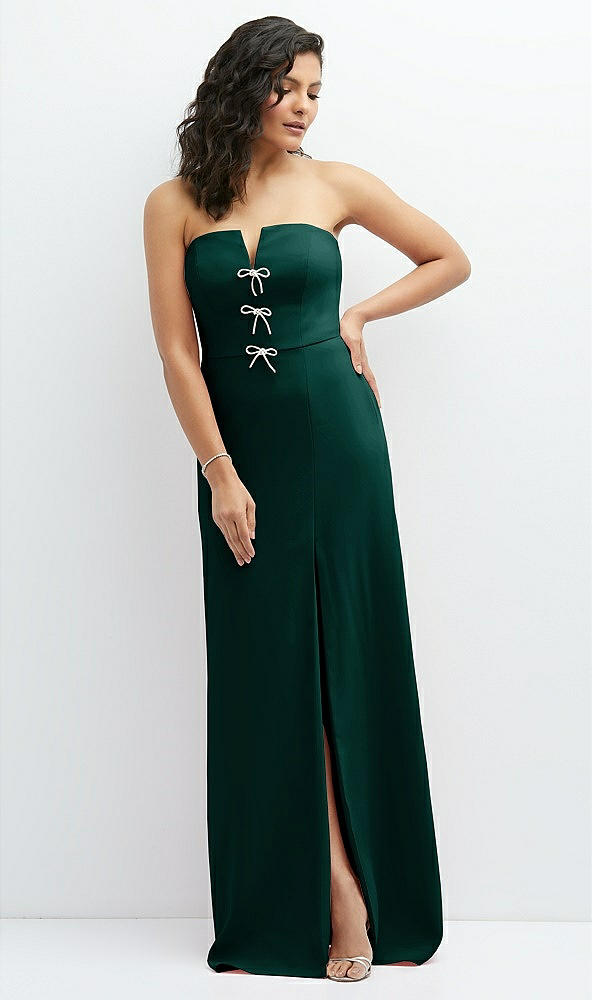 Front View - Evergreen Strapless Notch-Neck Crepe A-line Dress with Rhinestone Piping Bows