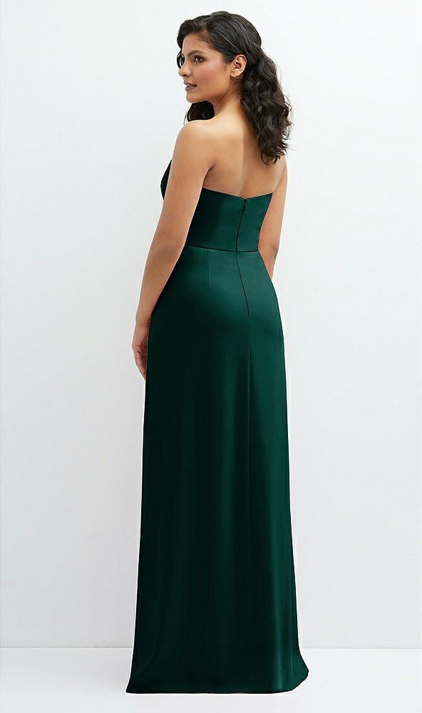 Back View - Evergreen Strapless Notch-Neck Crepe A-line Dress with Rhinestone Piping Bows