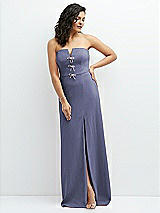 Front View Thumbnail - French Blue Strapless Notch-Neck Crepe A-line Dress with Rhinestone Piping Bows