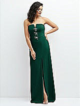 Front View Thumbnail - Hunter Green Strapless Notch-Neck Crepe A-line Dress with Rhinestone Piping Bows