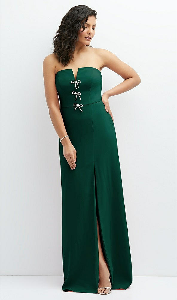 Front View - Hunter Green Strapless Notch-Neck Crepe A-line Dress with Rhinestone Piping Bows