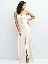 Front View Thumbnail - Ivory Strapless Notch-Neck Crepe A-line Dress with Rhinestone Piping Bows
