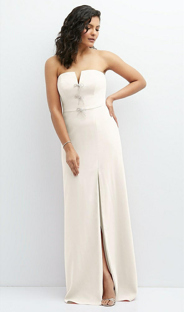 Front View - Ivory Strapless Notch-Neck Crepe A-line Dress with Rhinestone Piping Bows