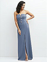 Front View Thumbnail - Larkspur Blue Strapless Notch-Neck Crepe A-line Dress with Rhinestone Piping Bows