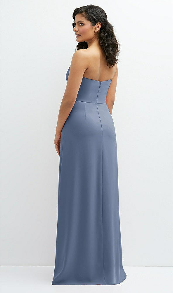Back View - Larkspur Blue Strapless Notch-Neck Crepe A-line Dress with Rhinestone Piping Bows