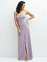 Front View Thumbnail - Lilac Haze Strapless Notch-Neck Crepe A-line Dress with Rhinestone Piping Bows