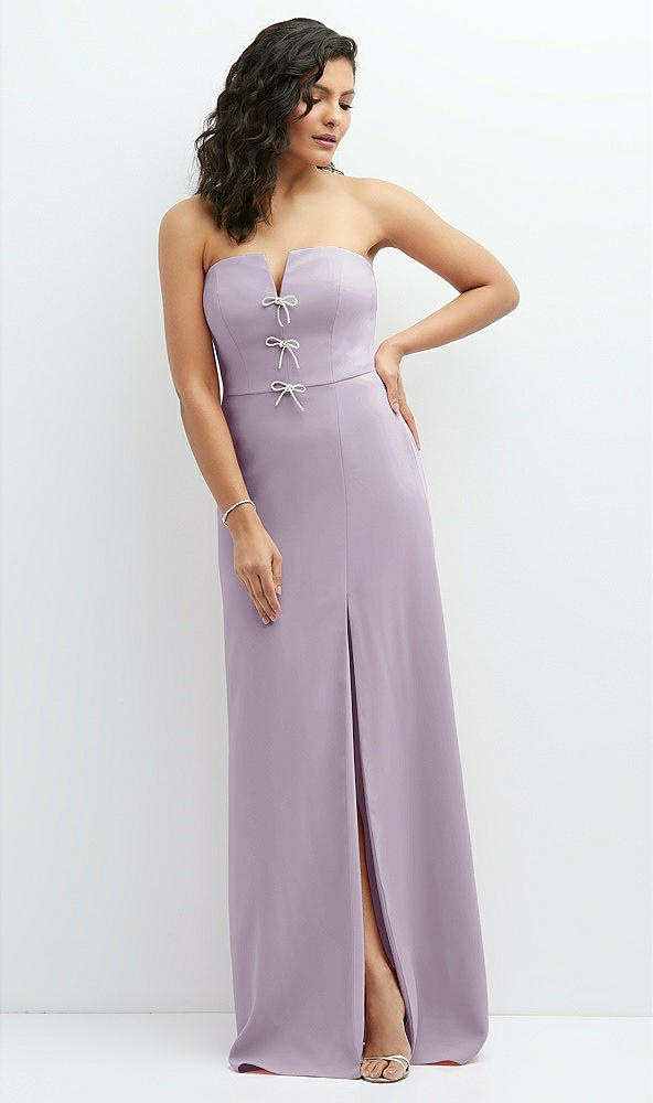 Front View - Lilac Haze Strapless Notch-Neck Crepe A-line Dress with Rhinestone Piping Bows