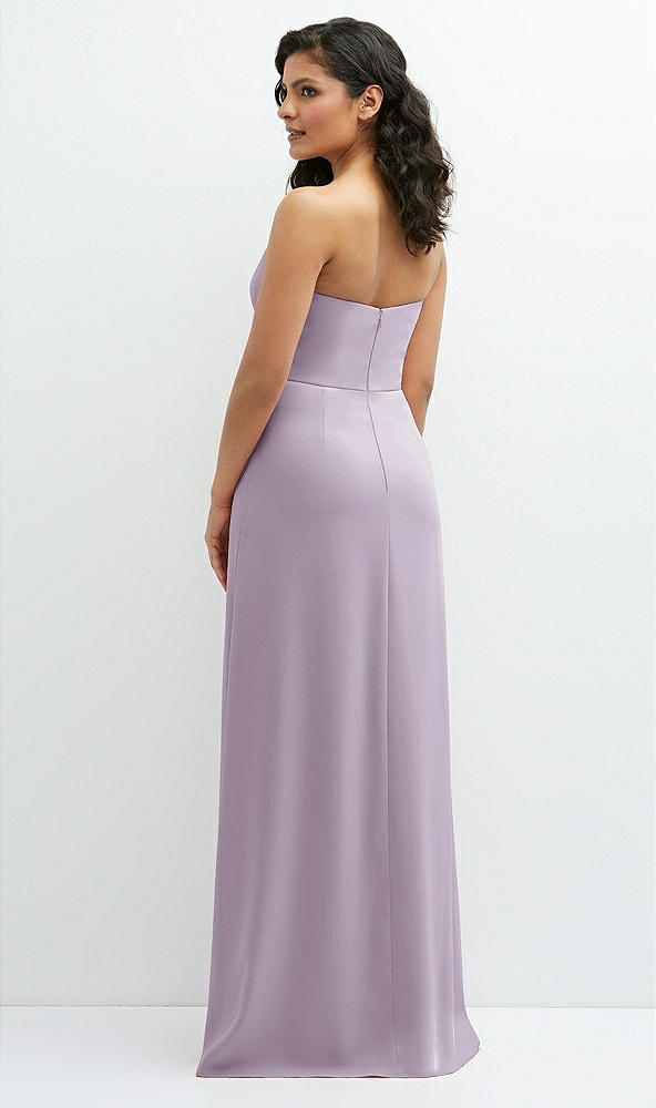 Back View - Lilac Haze Strapless Notch-Neck Crepe A-line Dress with Rhinestone Piping Bows