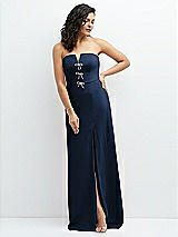 Front View Thumbnail - Midnight Navy Strapless Notch-Neck Crepe A-line Dress with Rhinestone Piping Bows