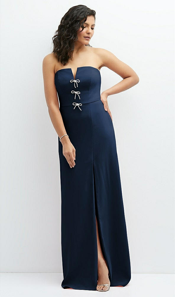 Front View - Midnight Navy Strapless Notch-Neck Crepe A-line Dress with Rhinestone Piping Bows
