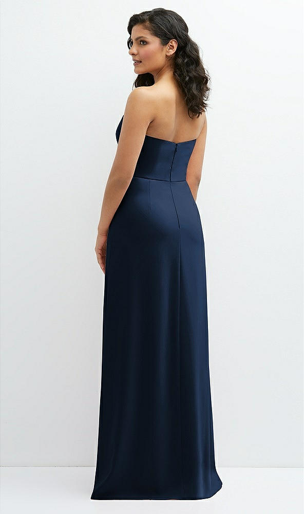 Back View - Midnight Navy Strapless Notch-Neck Crepe A-line Dress with Rhinestone Piping Bows