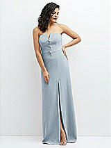 Front View Thumbnail - Mist Strapless Notch-Neck Crepe A-line Dress with Rhinestone Piping Bows